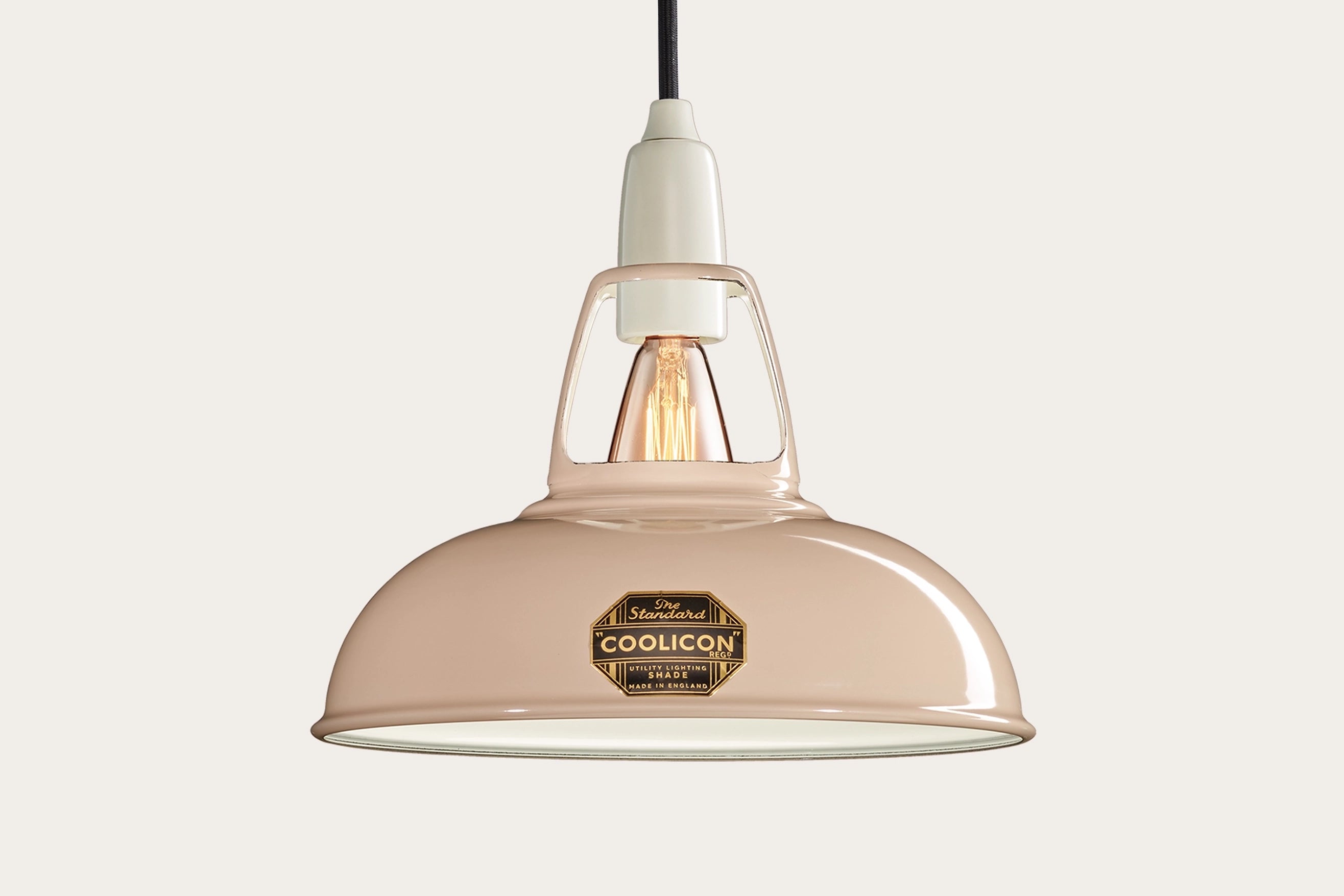 Latte Brown Coolicon lampshade with a Porcelain pendant set over a light grey background