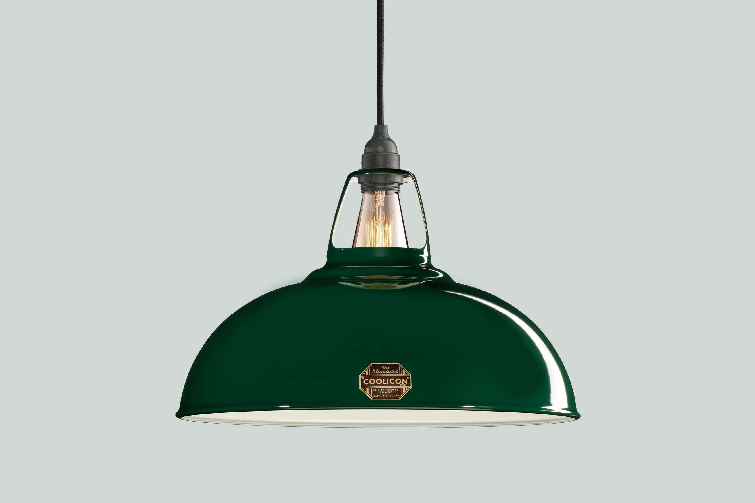 Large Green Coolicon lampshade with a black Industrial pendant set over a light green background