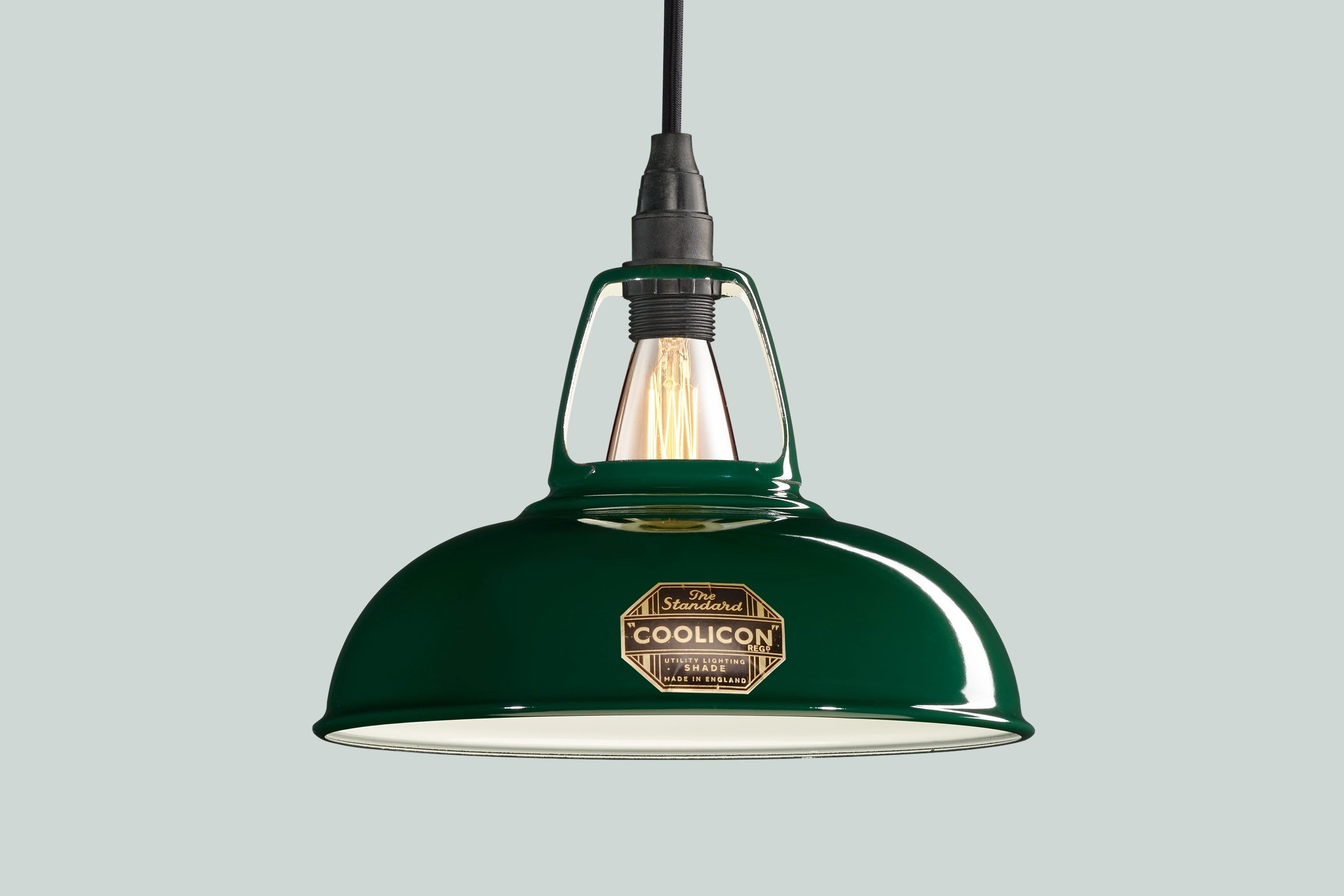 Green Coolicon lampshade with a black Industrial pendant set over a light green background