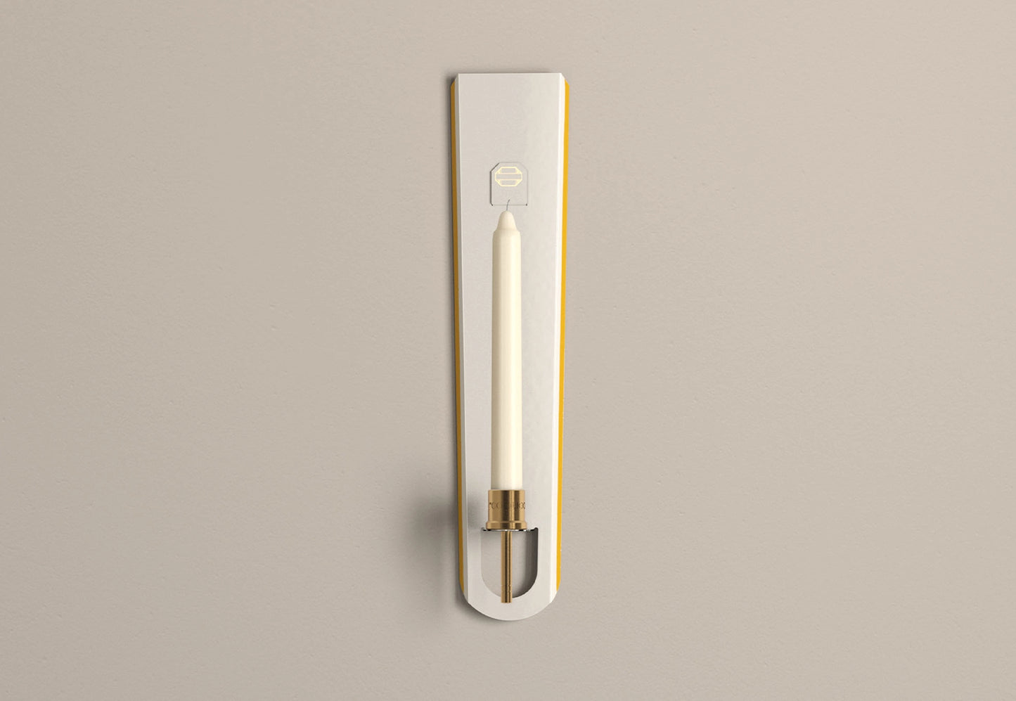 A white vitreous enamel candle sconce with Deep Yellow edges